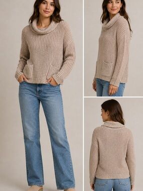 Chico’s Size 2 Large Beige Open Knit Cowl Neck Sweater Cotton Blend Pockets